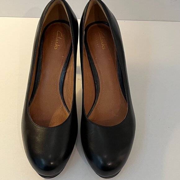 Clarks Artisan Black Leather Delsie Bliss 26101627 Platform Pump Shoe Heels 8M - Picture 1 of 12